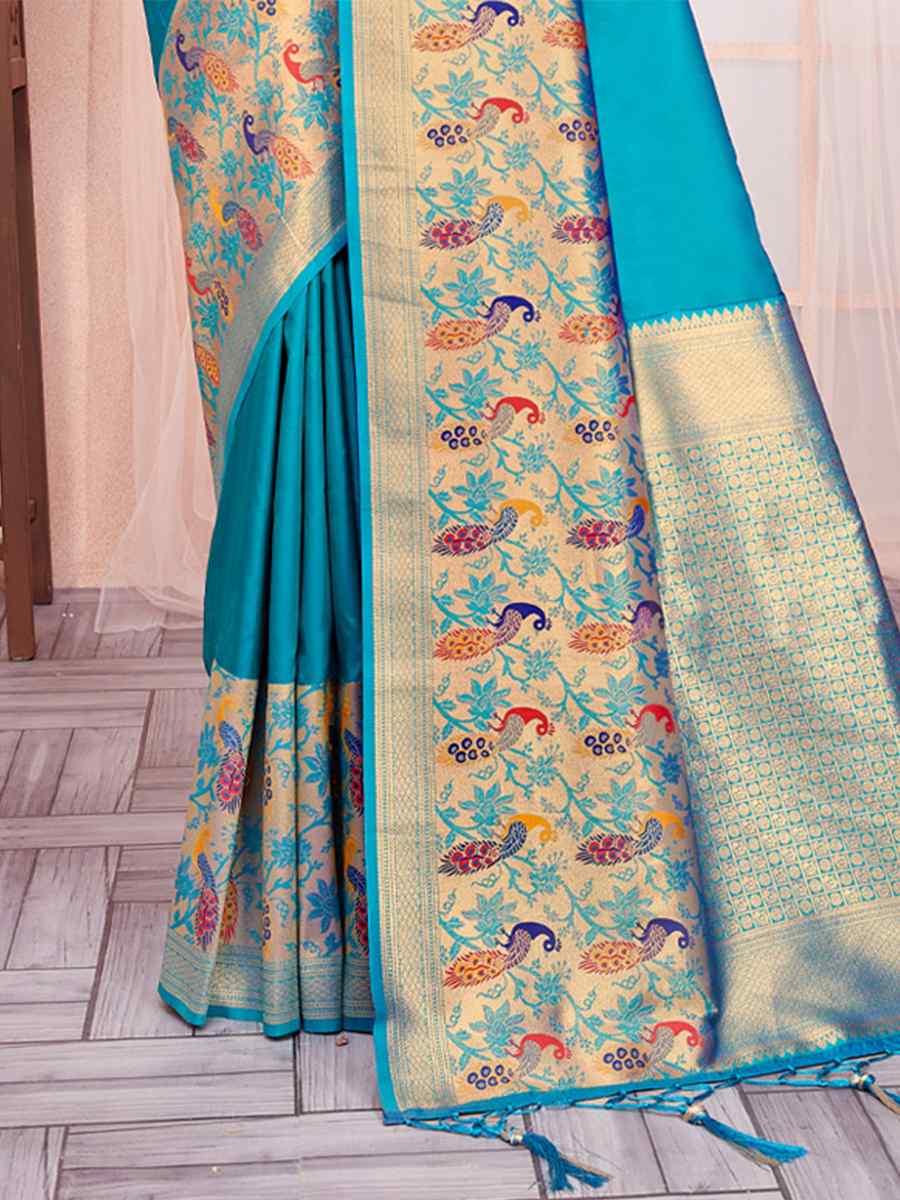 Blue Paithani Silk Handwoven Wedding Festival Heavy Border Saree