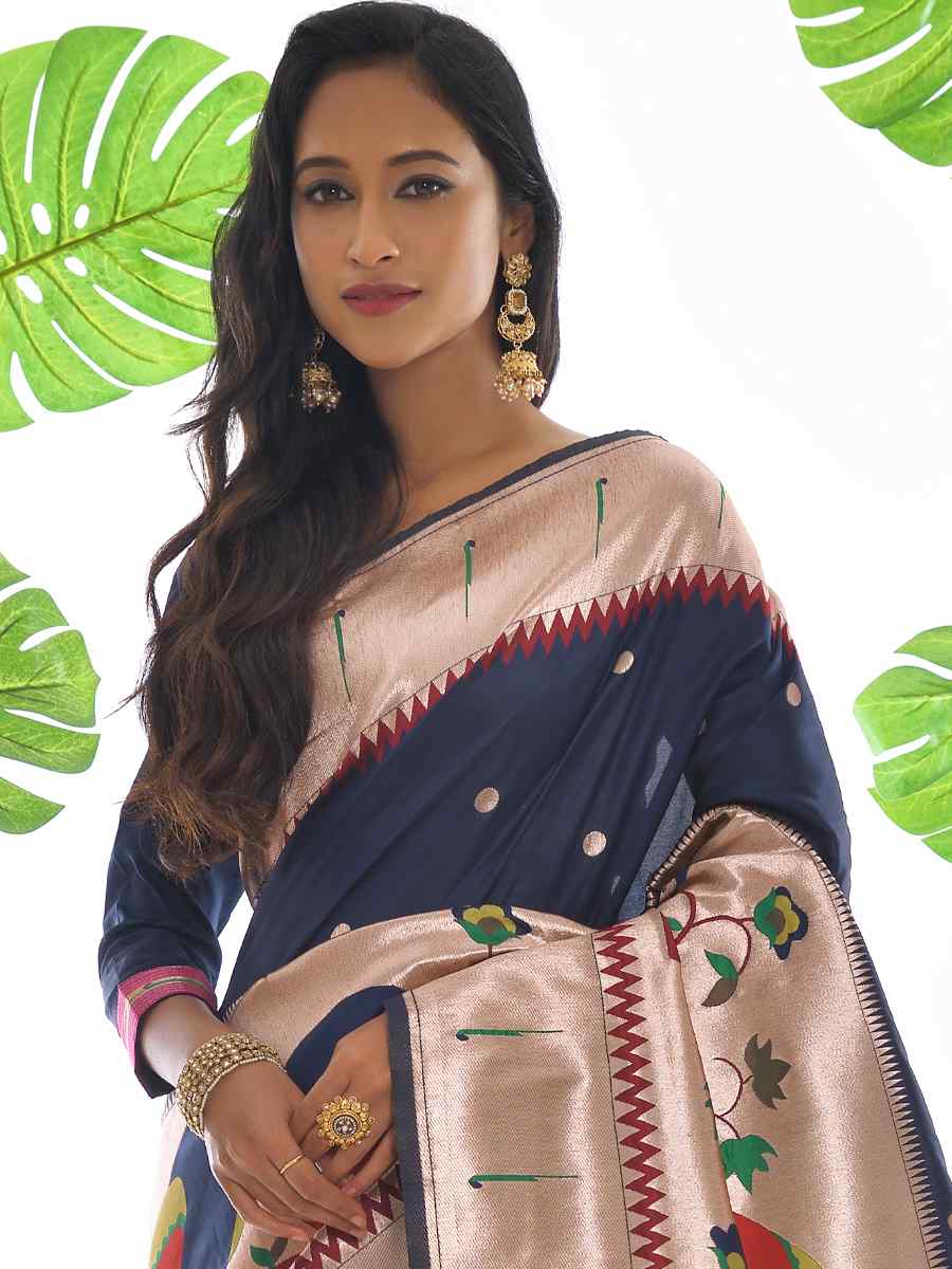 Blue Paithani Silk Handwoven Wedding Festival Heavy Border Saree