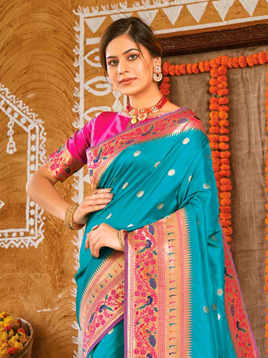 Blue Paithani Silk Traditional Party Wedding Festival Heavy Border Saree