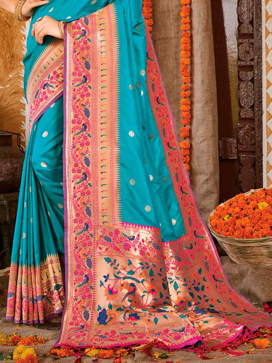 Blue Paithani Silk Traditional Party Wedding Festival Heavy Border Saree