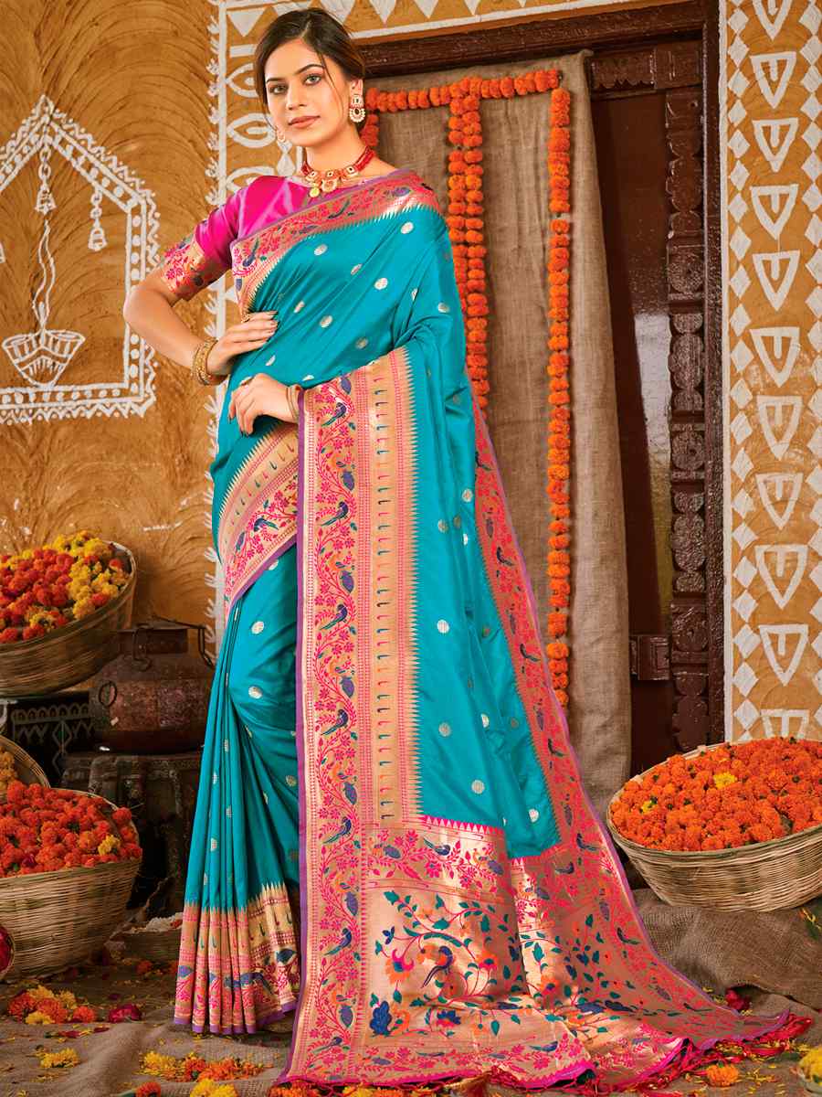 Blue Paithani Silk Traditional Party Wedding Festival Heavy Border Saree