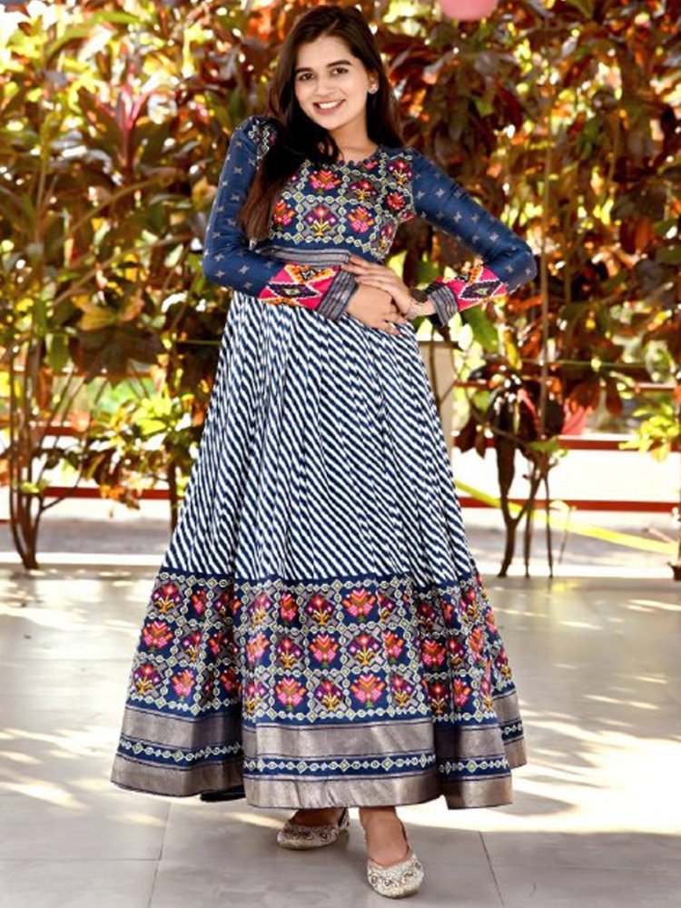 Blue Pashmina Silk Printed Festival Casual Gown