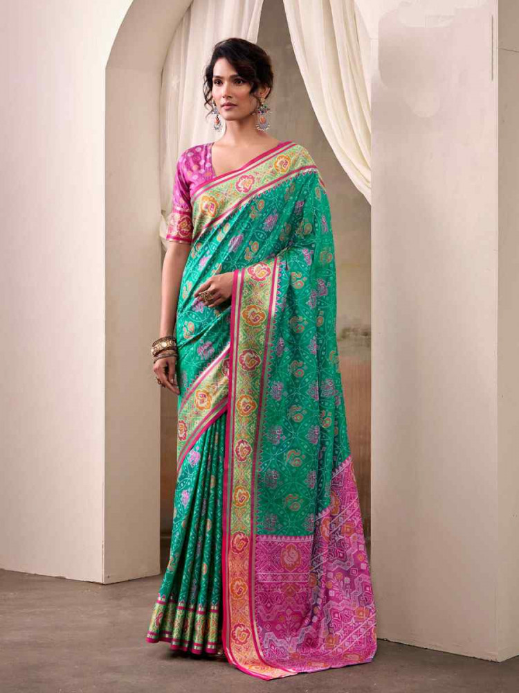 Image of Blue Patola Silk Handwoven Zari Bridal Reception Festival Wedding Fancy Heavy Border Saree