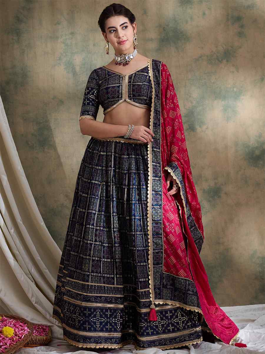 Blue Poly Satin Printed Festival Mehendi Circular Lehenga Choli