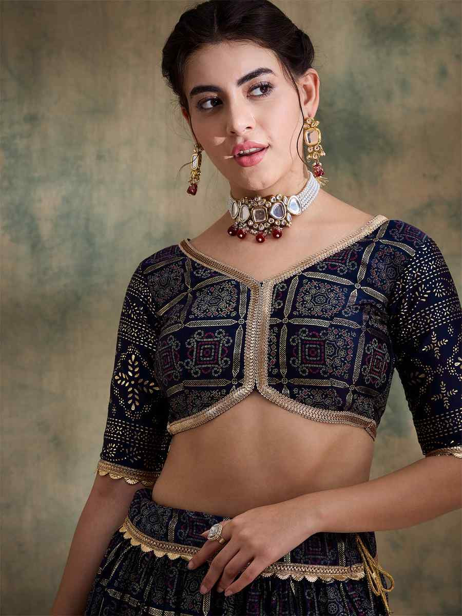 Blue Poly Satin Printed Festival Mehendi Circular Lehenga Choli