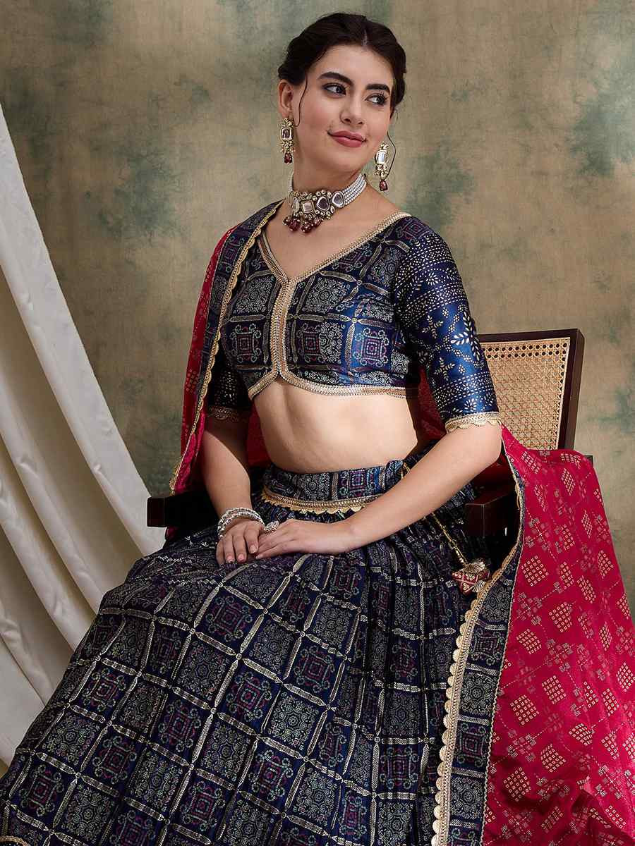 Blue Poly Satin Printed Festival Mehendi Circular Lehenga Choli