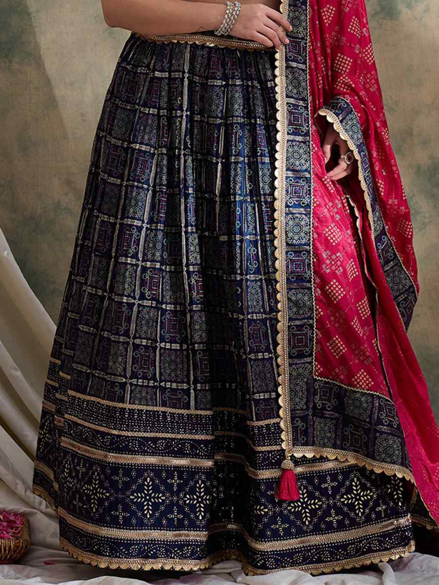 Blue Poly Satin Printed Festival Mehendi Circular Lehenga Choli