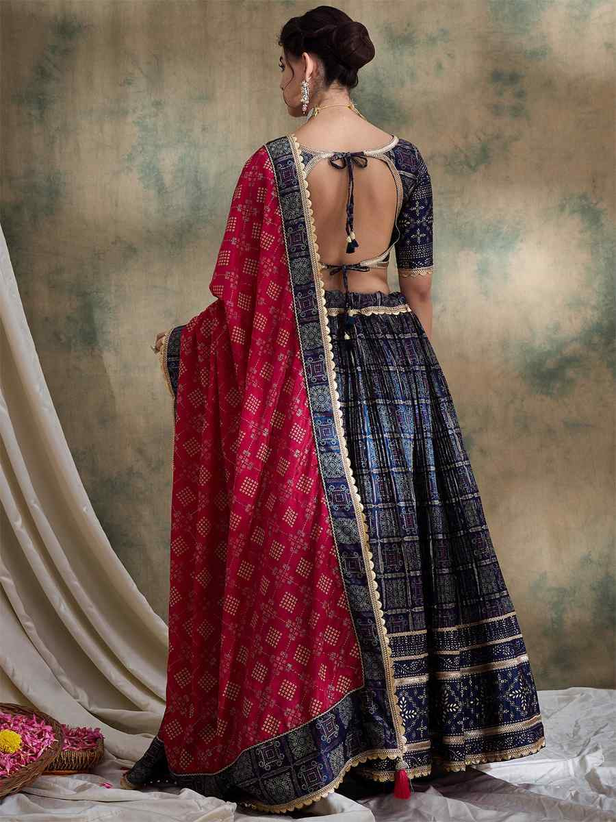 Blue Poly Satin Printed Festival Mehendi Circular Lehenga Choli