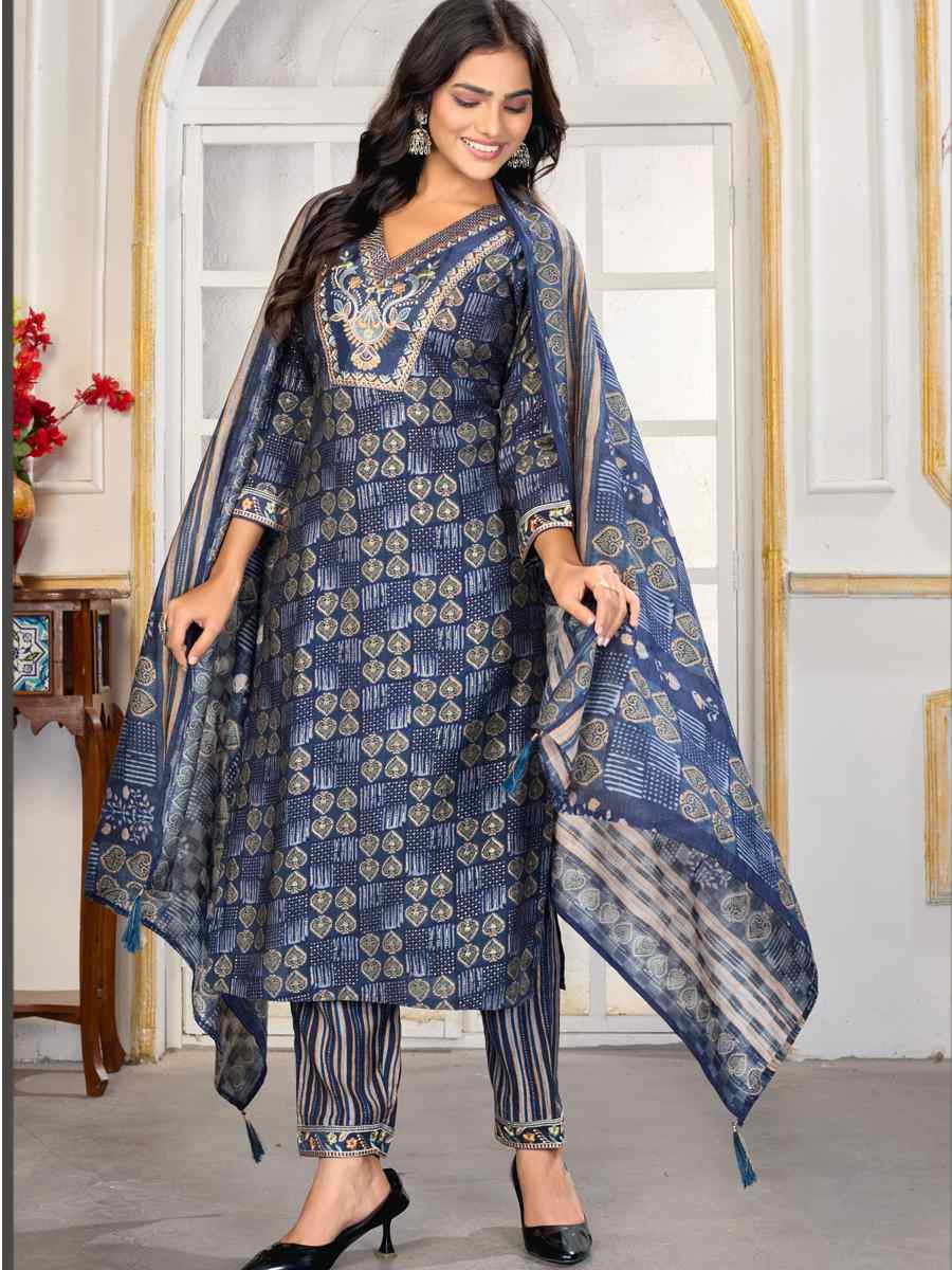 Blue Premium Chanderi Silk Embroidery Printed Party Wedding Festival Casual Ready Pant Salwar Kameez