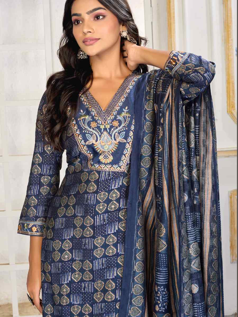 Blue Premium Chanderi Silk Embroidery Printed Party Wedding Festival Casual Ready Pant Salwar Kameez