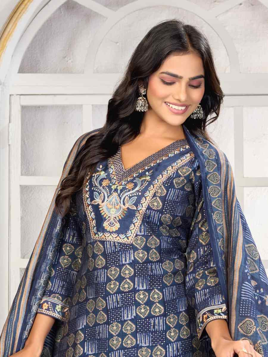 Blue Premium Chanderi Silk Embroidery Printed Party Wedding Festival Casual Ready Pant Salwar Kameez