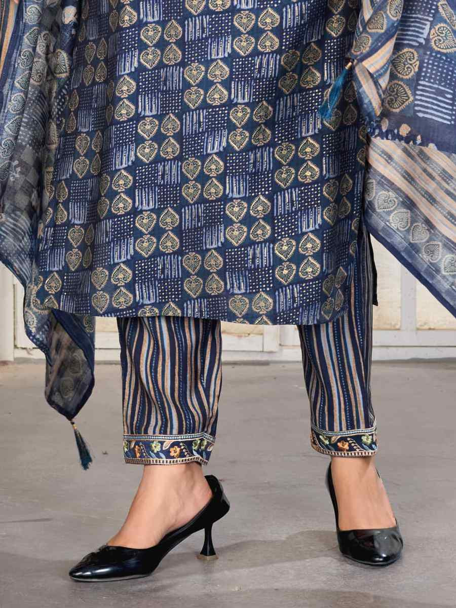 Blue Premium Chanderi Silk Embroidery Printed Party Wedding Festival Casual Ready Pant Salwar Kameez