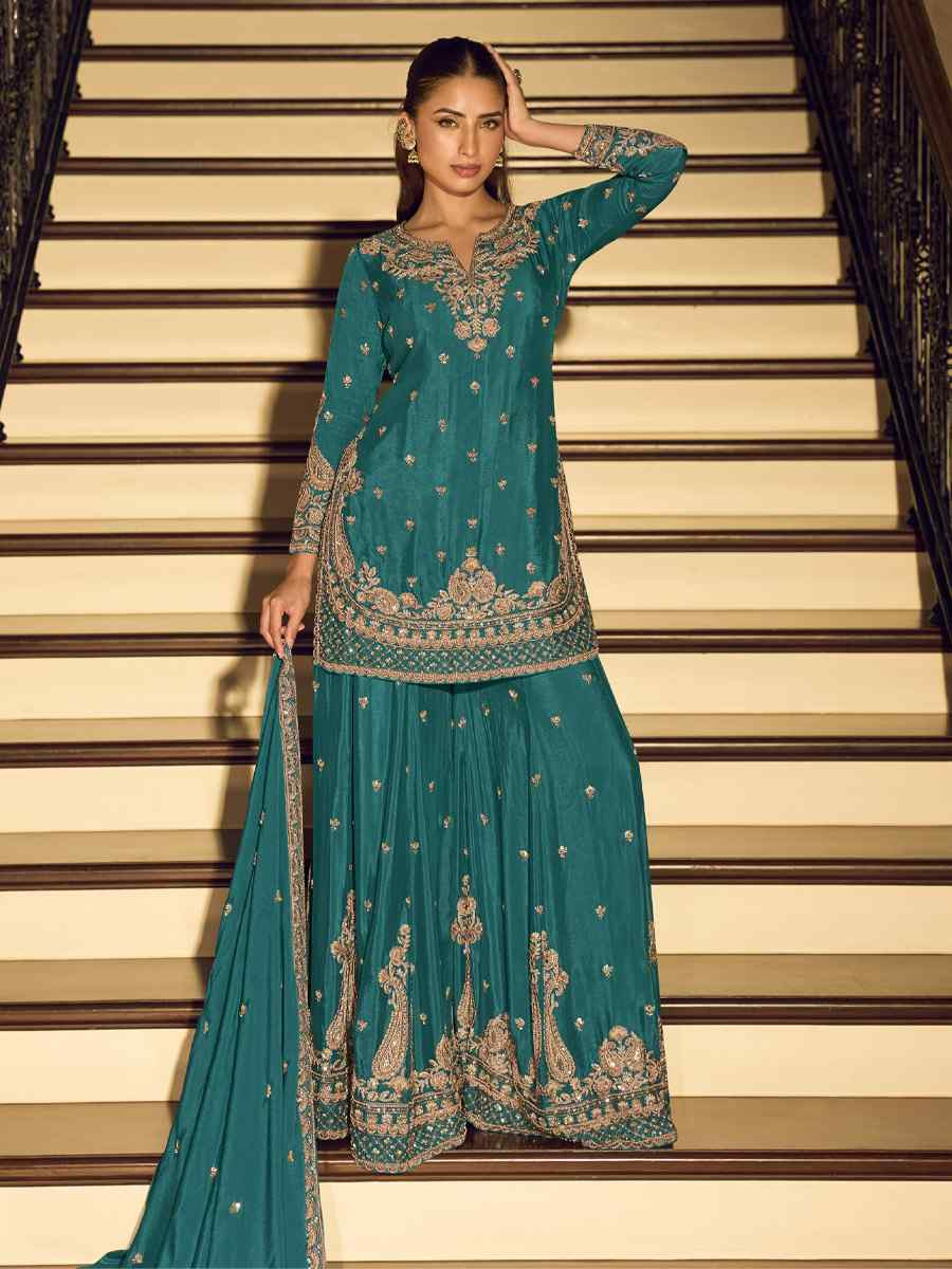 Blue Premium Chinon Silk Embroidery Party Wedding Festival Casual Ready Palazzo Pant Salwar Kameez