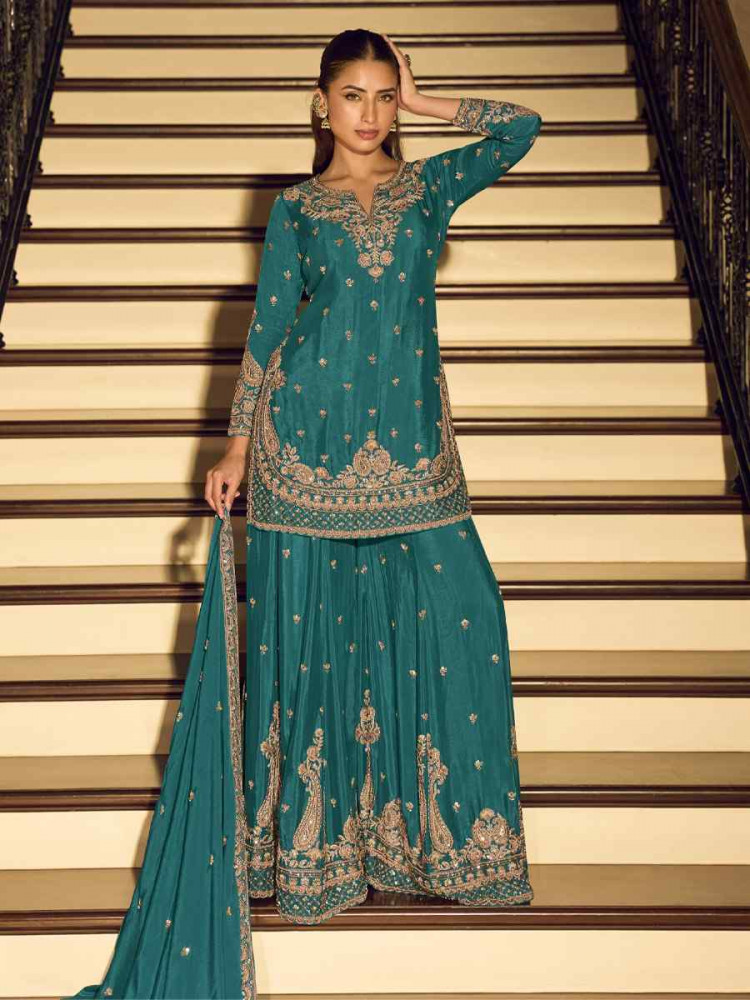 Image of Blue Premium Chinon Silk Embroidery Party Wedding Festival Casual Ready Palazzo Pant Salwar Kameez