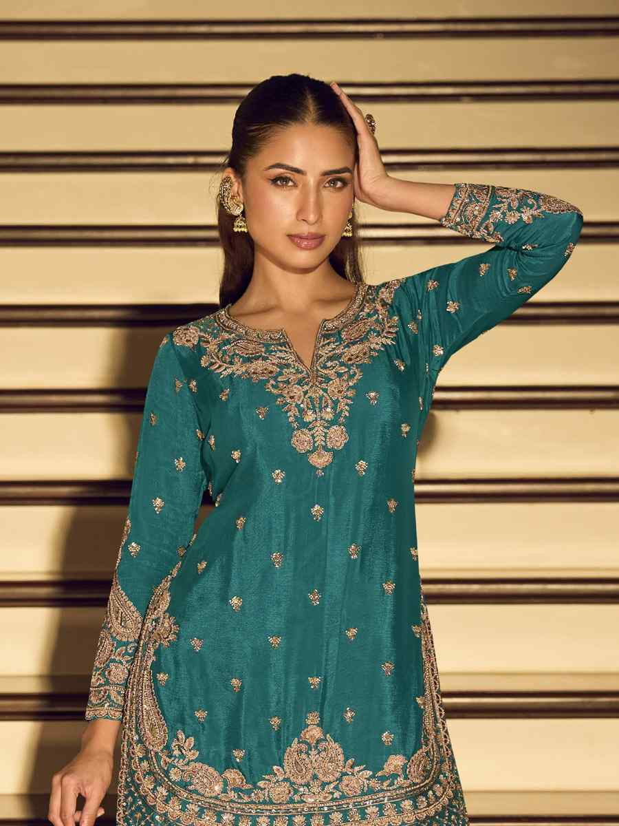 Blue Premium Chinon Silk Embroidery Party Wedding Festival Casual Ready Palazzo Pant Salwar Kameez