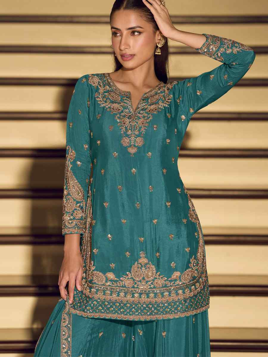 Blue Premium Chinon Silk Embroidery Party Wedding Festival Casual Ready Palazzo Pant Salwar Kameez