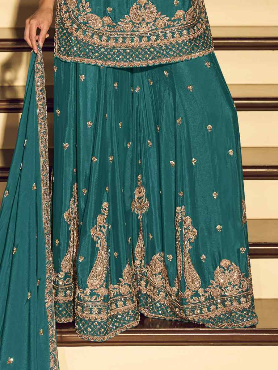 Blue Premium Chinon Silk Embroidery Party Wedding Festival Casual Ready Palazzo Pant Salwar Kameez