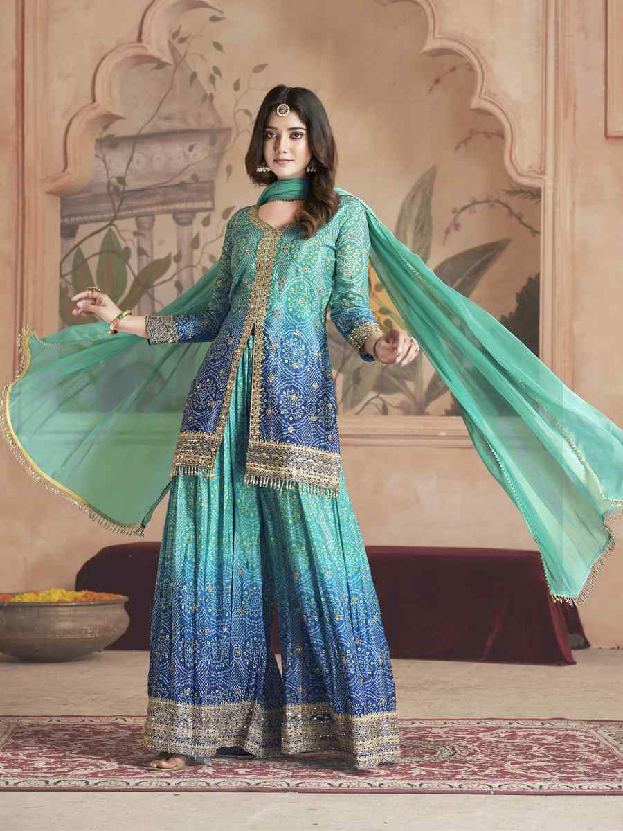 Blue Premium Feel Chinnon Bhandej Print Embroidery Party Wedding Festival Casual Ready Palazzo Pant Salwar Kameez