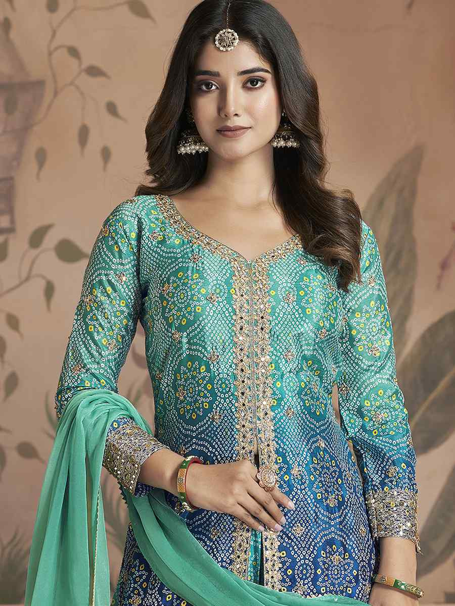 Blue Premium Feel Chinnon Bhandej Print Embroidery Party Wedding Festival Casual Ready Palazzo Pant Salwar Kameez