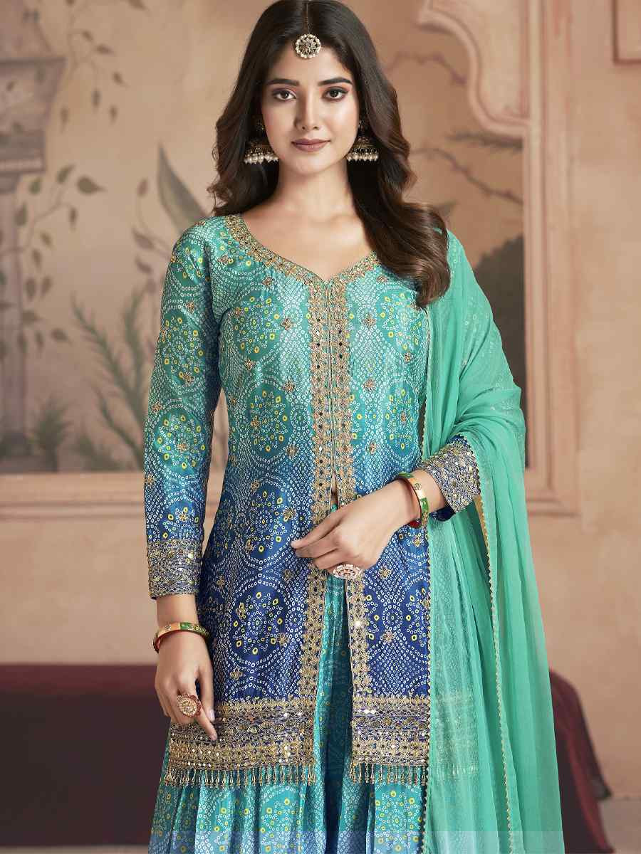 Blue Premium Feel Chinnon Bhandej Print Embroidery Party Wedding Festival Casual Ready Palazzo Pant Salwar Kameez