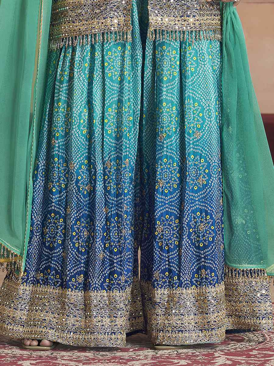 Blue Premium Feel Chinnon Bhandej Print Embroidery Party Wedding Festival Casual Ready Palazzo Pant Salwar Kameez