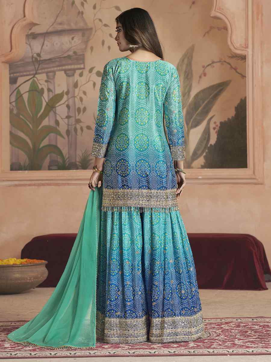 Blue Premium Feel Chinnon Bhandej Print Embroidery Party Wedding Festival Casual Ready Palazzo Pant Salwar Kameez