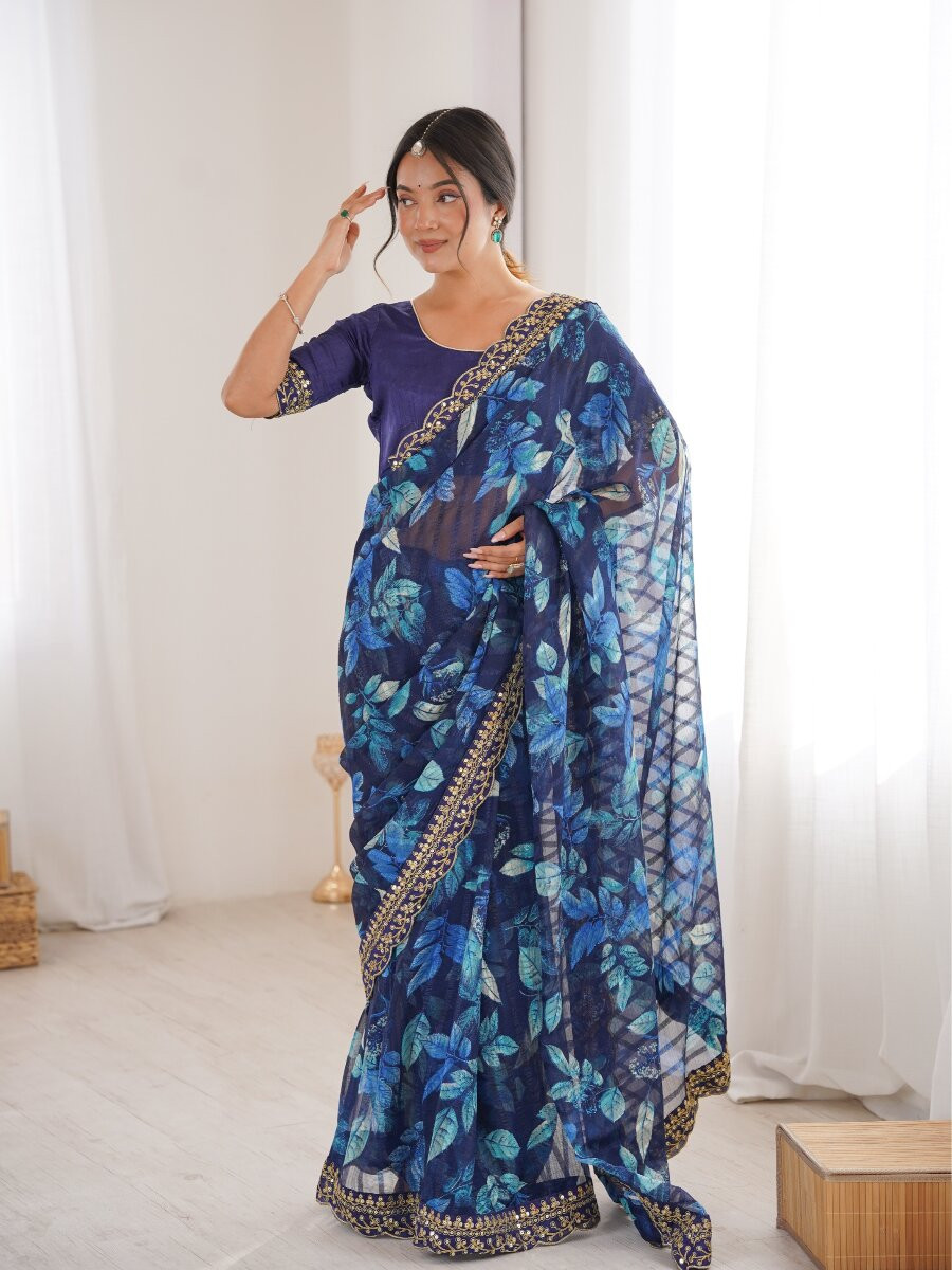 Blue Premium Georgette Chiffon Embroidery Sequins Flower Printed Wedding Reception Party Festival Casual Heavy Border Sarees