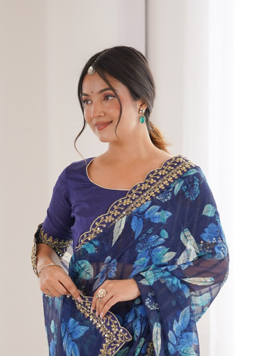 Blue Premium Georgette Chiffon Embroidery Sequins Flower Printed Wedding Reception Party Festival Casual Heavy Border Sarees