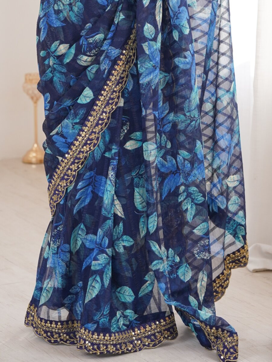 Blue Premium Georgette Chiffon Embroidery Sequins Flower Printed Wedding Reception Party Festival Casual Heavy Border Sarees