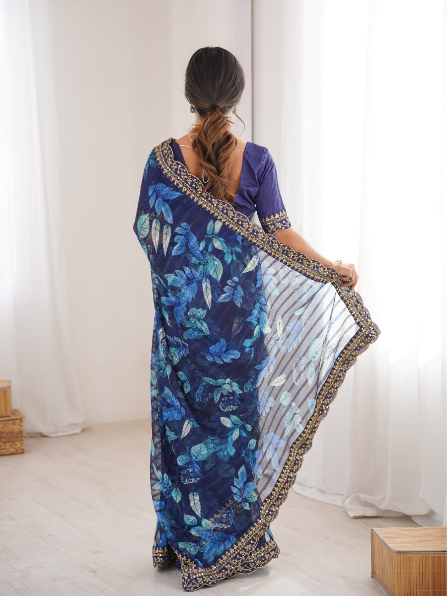 Blue Premium Georgette Chiffon Embroidery Sequins Flower Printed Wedding Reception Party Festival Casual Heavy Border Sarees