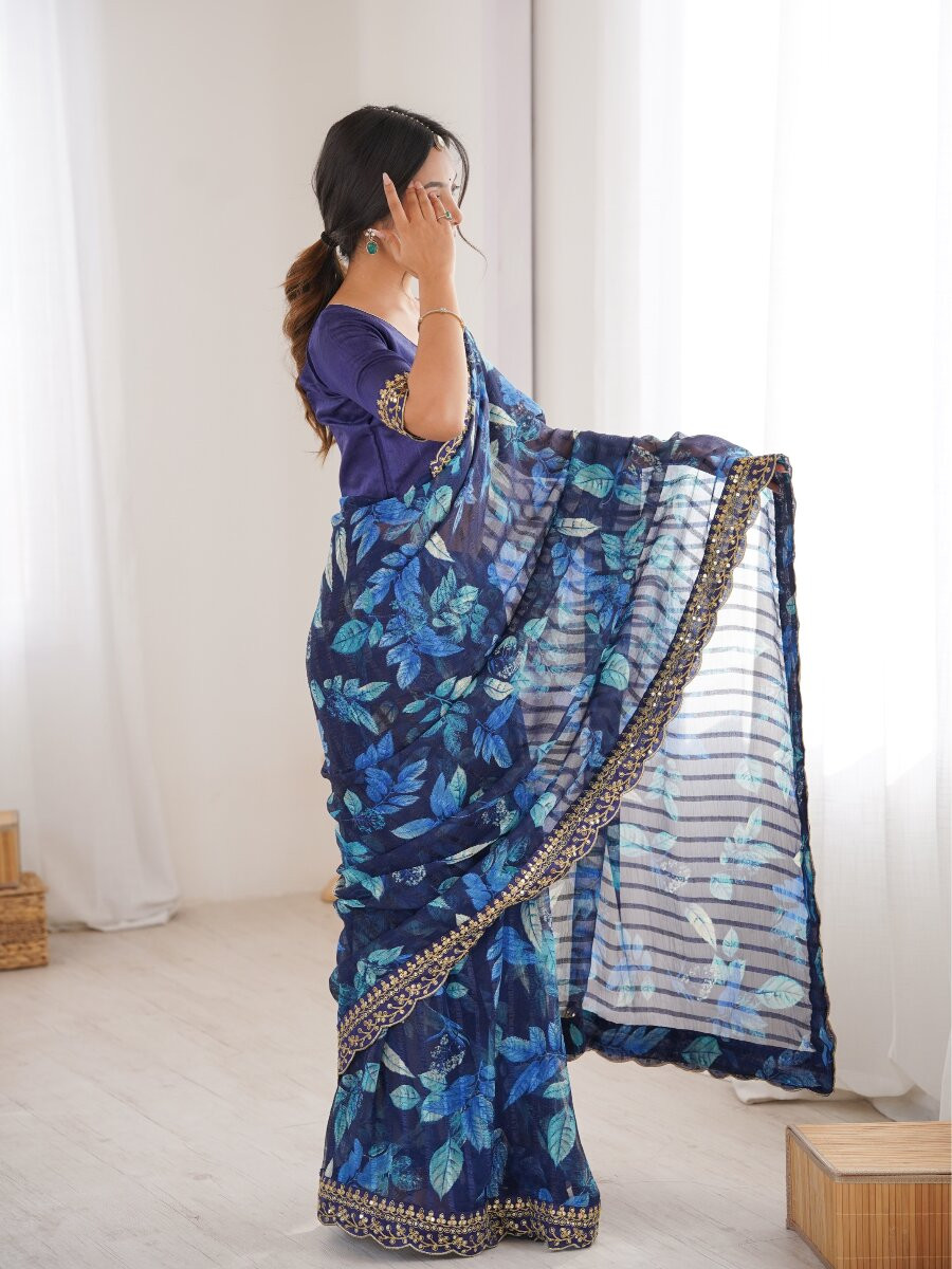 Blue Premium Georgette Chiffon Embroidery Sequins Flower Printed Wedding Reception Party Festival Casual Heavy Border Sarees