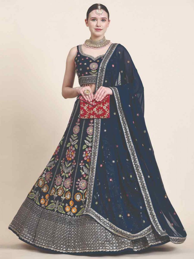 Blue Premium Georgette Embroidered Engagement Wedding Heavy Border Lehenga Choli