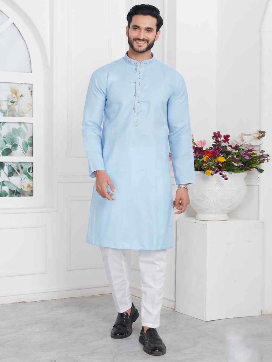 Blue Premium Linen Cotton Printed Festival Casual Kurta