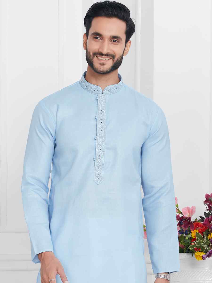 Blue Premium Linen Cotton Printed Festival Casual Kurta