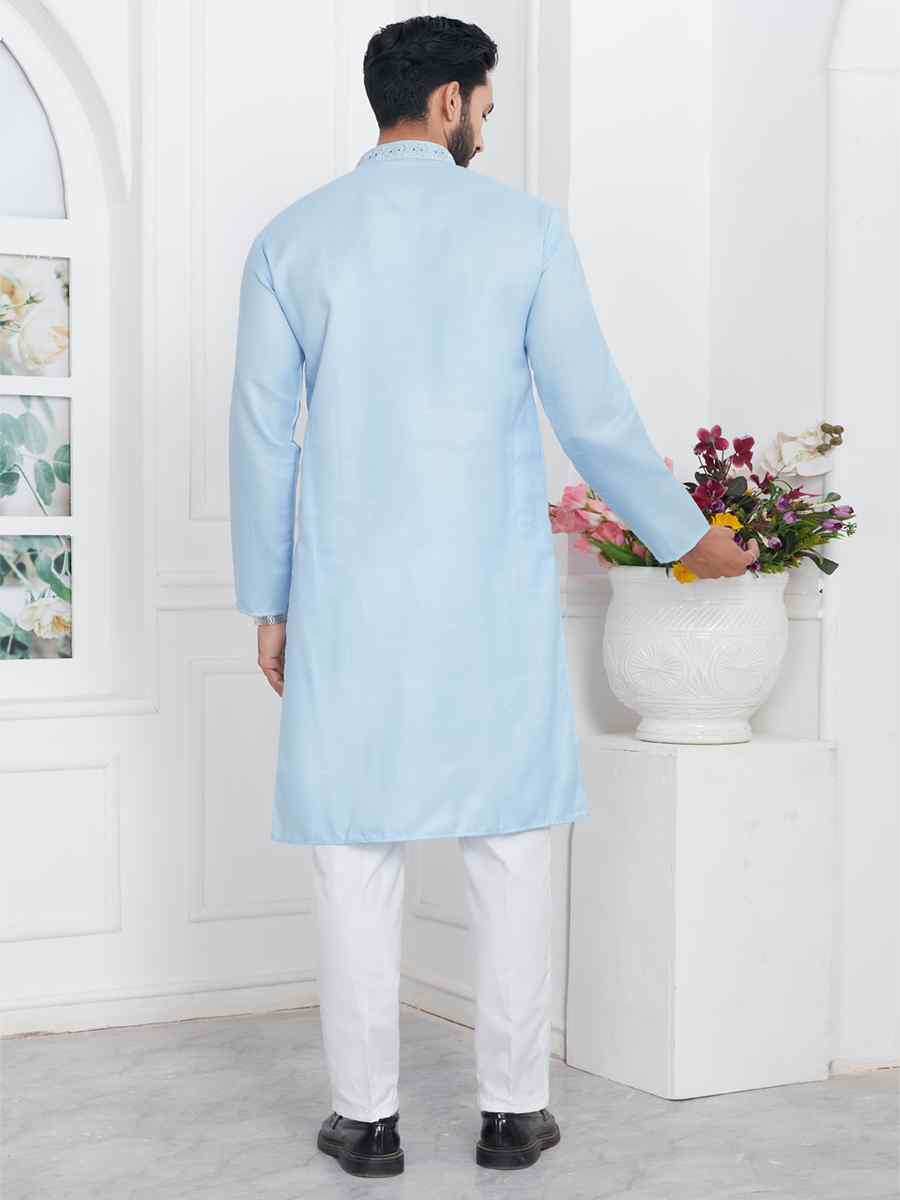 Blue Premium Linen Cotton Printed Festival Casual Kurta