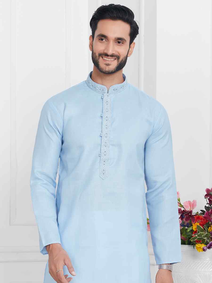 Blue Premium Linen Cotton Printed Festival Casual Kurta