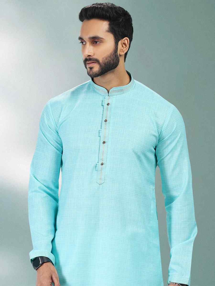 Blue Premium Linen Cotton Woven Festival Party Kurta