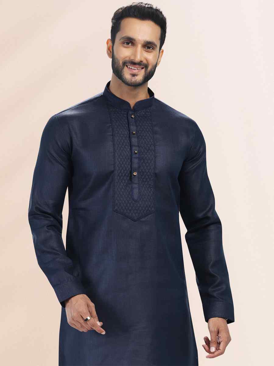 Blue Premium Linen Cotton Woven Festival Party Kurta