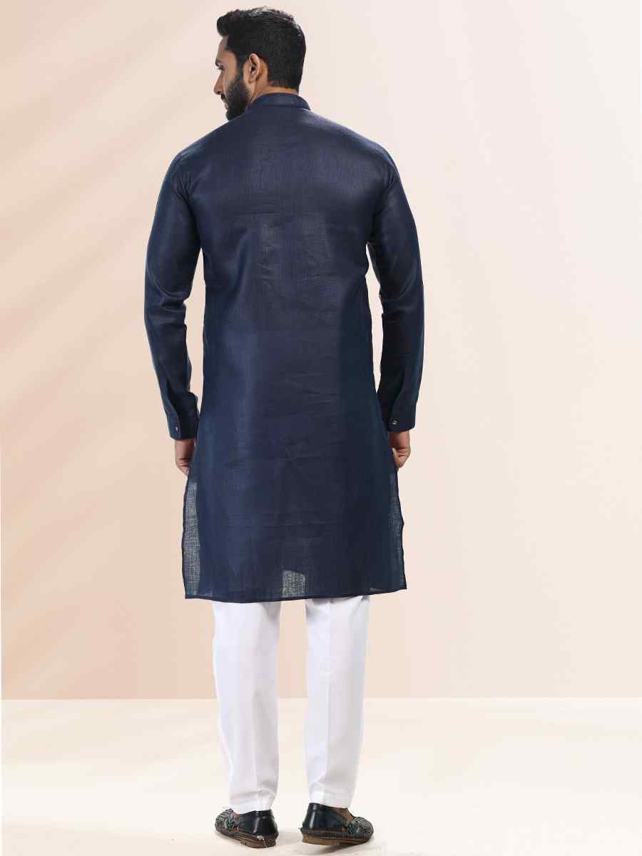 Blue Premium Linen Cotton Woven Festival Party Kurta
