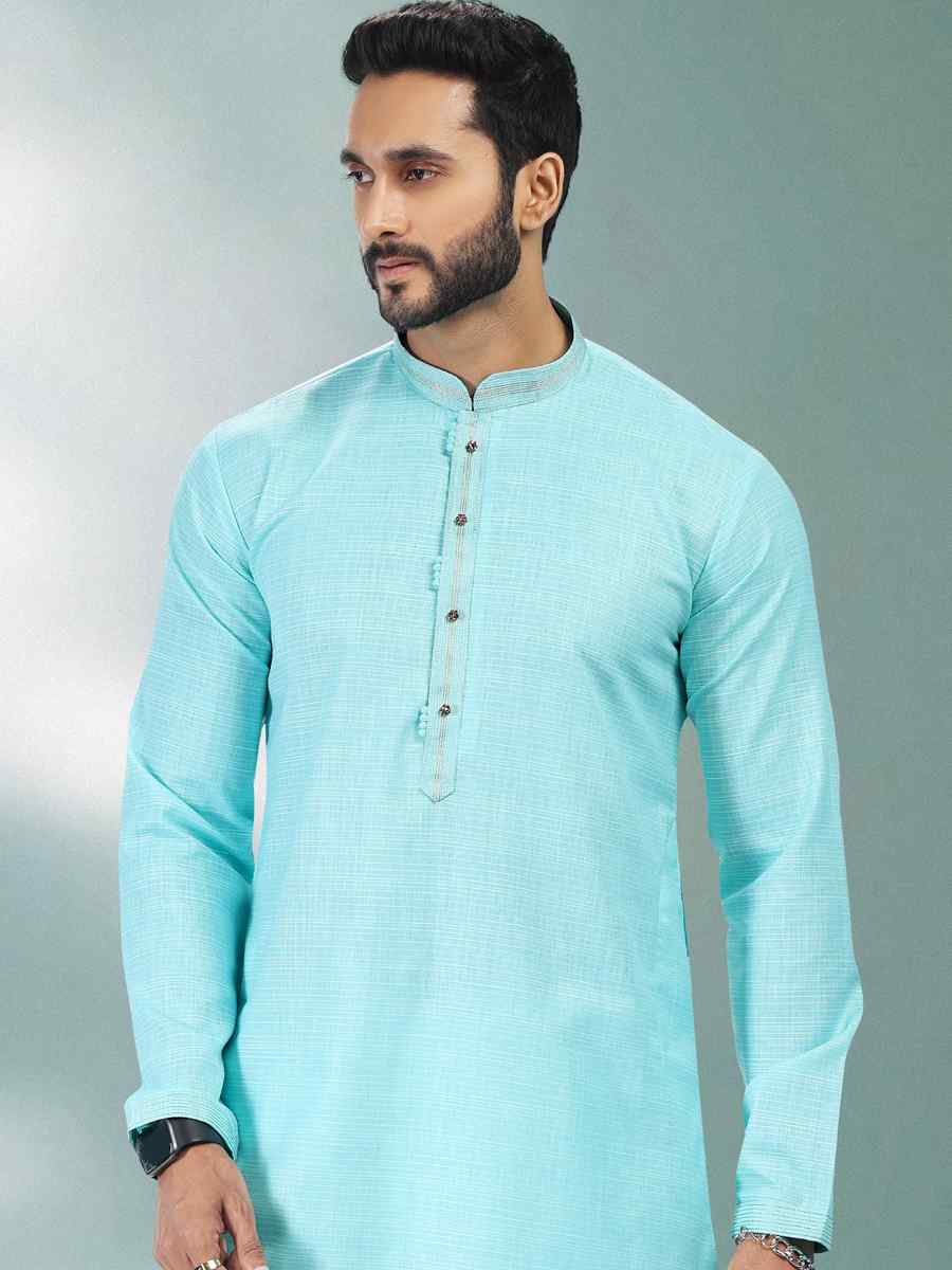 Blue Premium Linen Cotton Woven Festival Party Kurta