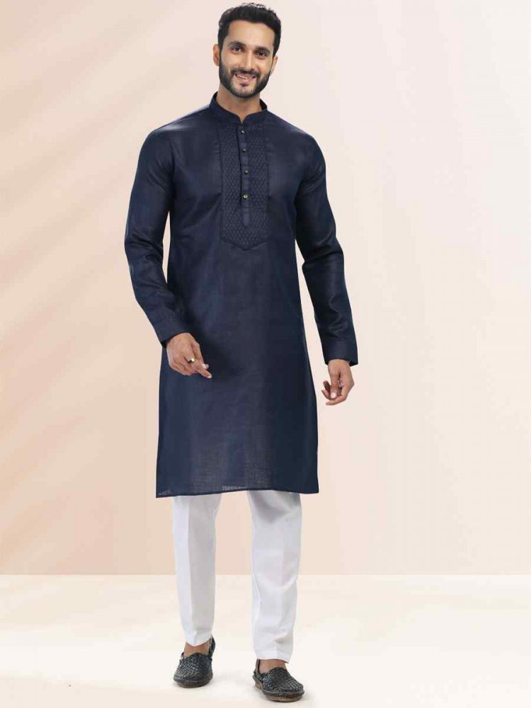 Blue Premium Linen Cotton Woven Festival Party Kurta