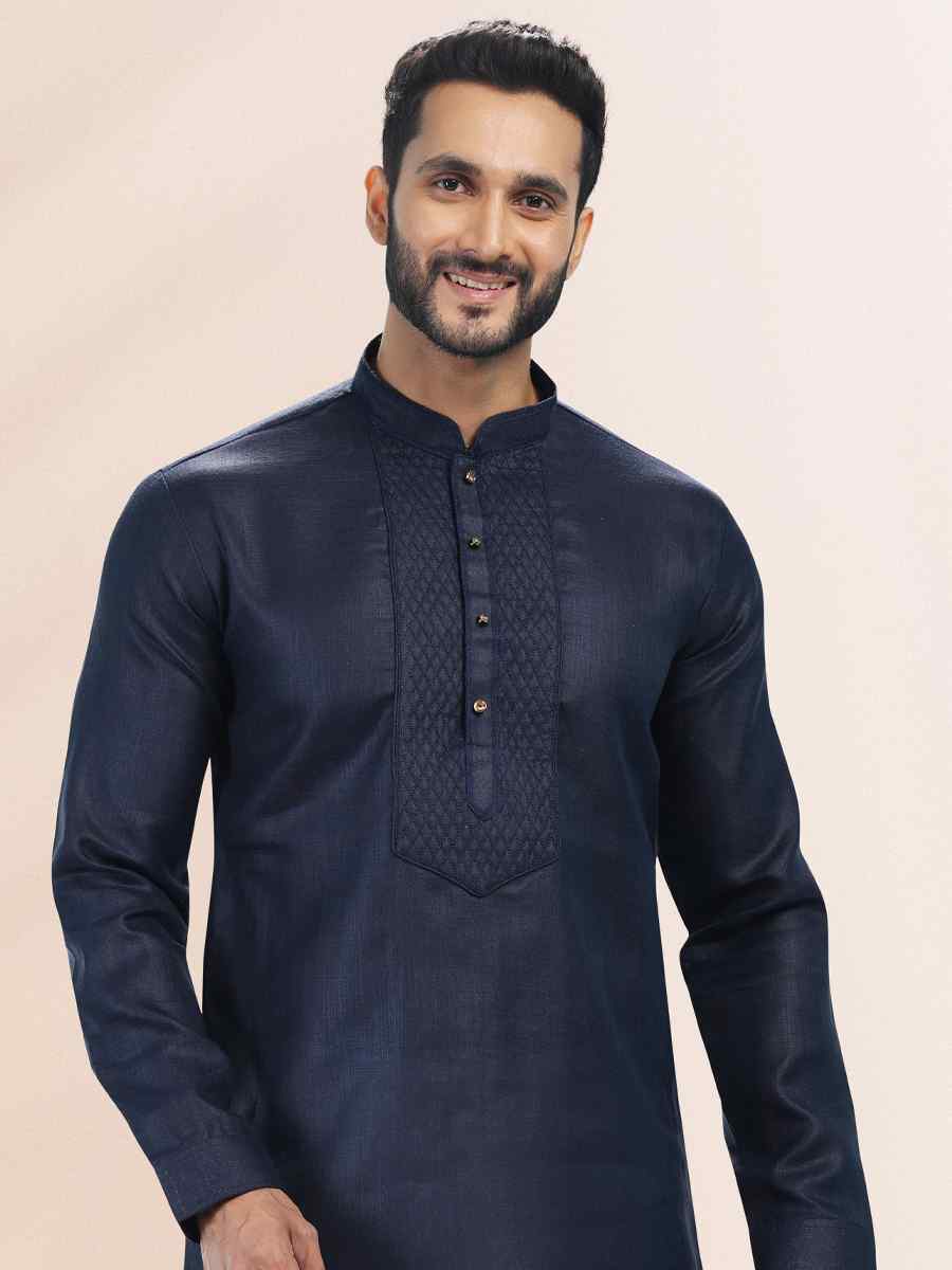 Blue Premium Linen Cotton Woven Festival Party Kurta