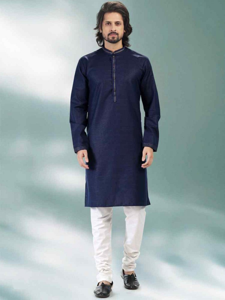 Blue Premium Linen Cotton Woven Festival Party Kurta