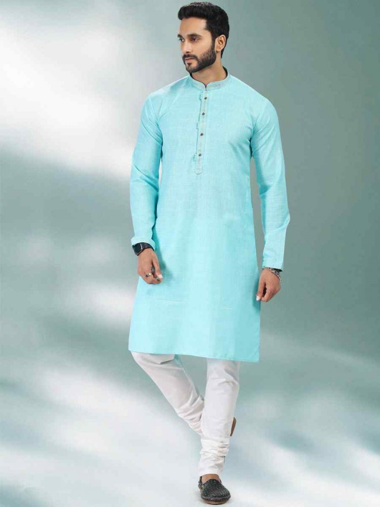 Blue Premium Linen Cotton Woven Festival Party Kurta