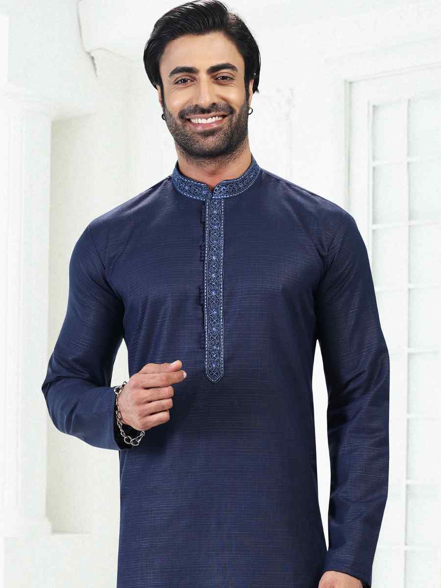 Blue Premium Linen Cotton Woven Festival Wedding Kurta