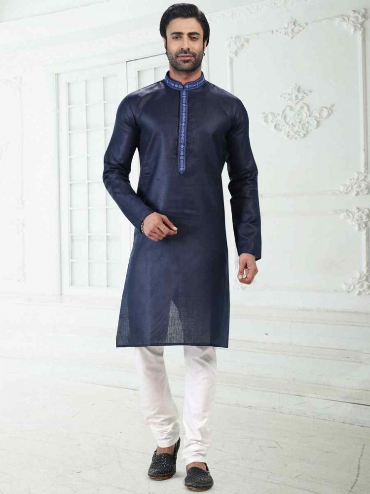 Blue Premium Linen Cotton Woven Festival Wedding Kurta