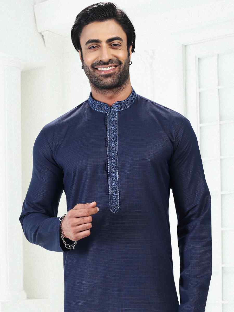 Blue Premium Linen Cotton Woven Festival Wedding Kurta