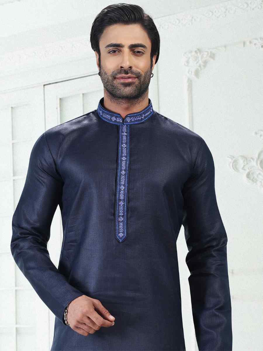 Blue Premium Linen Cotton Woven Festival Wedding Kurta