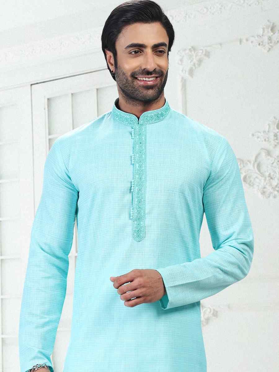 Blue Premium Linen Cotton Woven Festival Wedding Kurta
