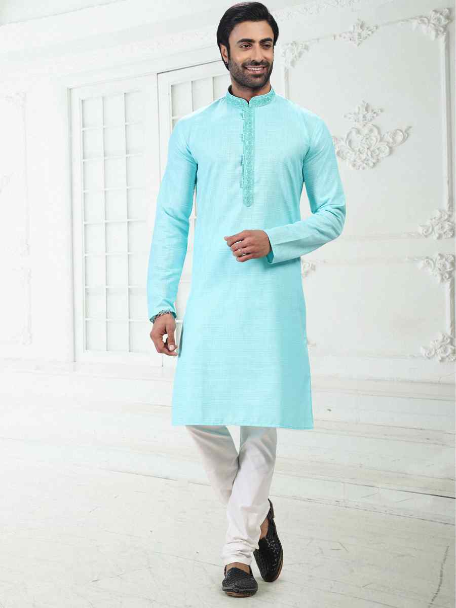 Blue Premium Linen Cotton Woven Festival Wedding Kurta